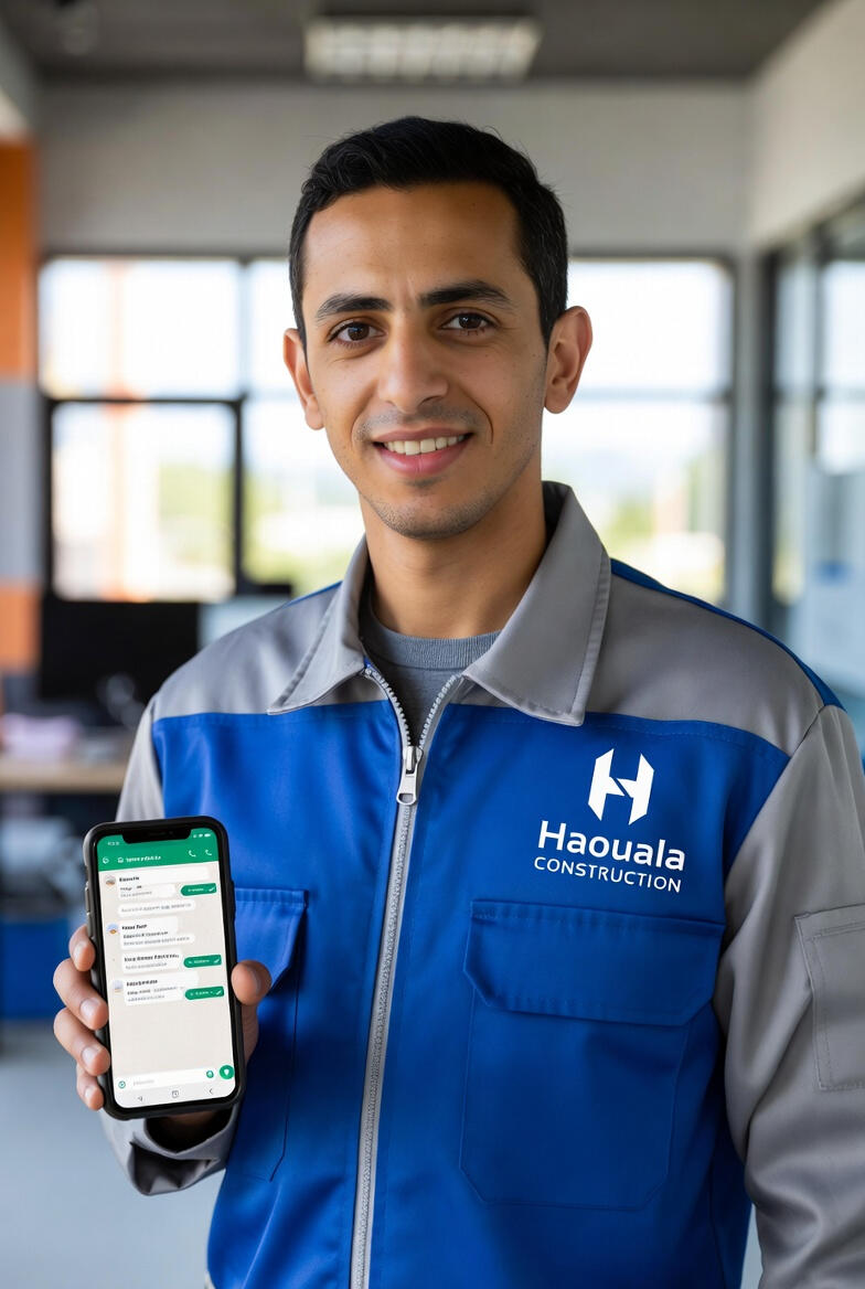 Logo officiel de Haouala Construction, société tunisienne spécialisée en construction, plomberie, électricité et rénovation. Contact : 55 606 303.