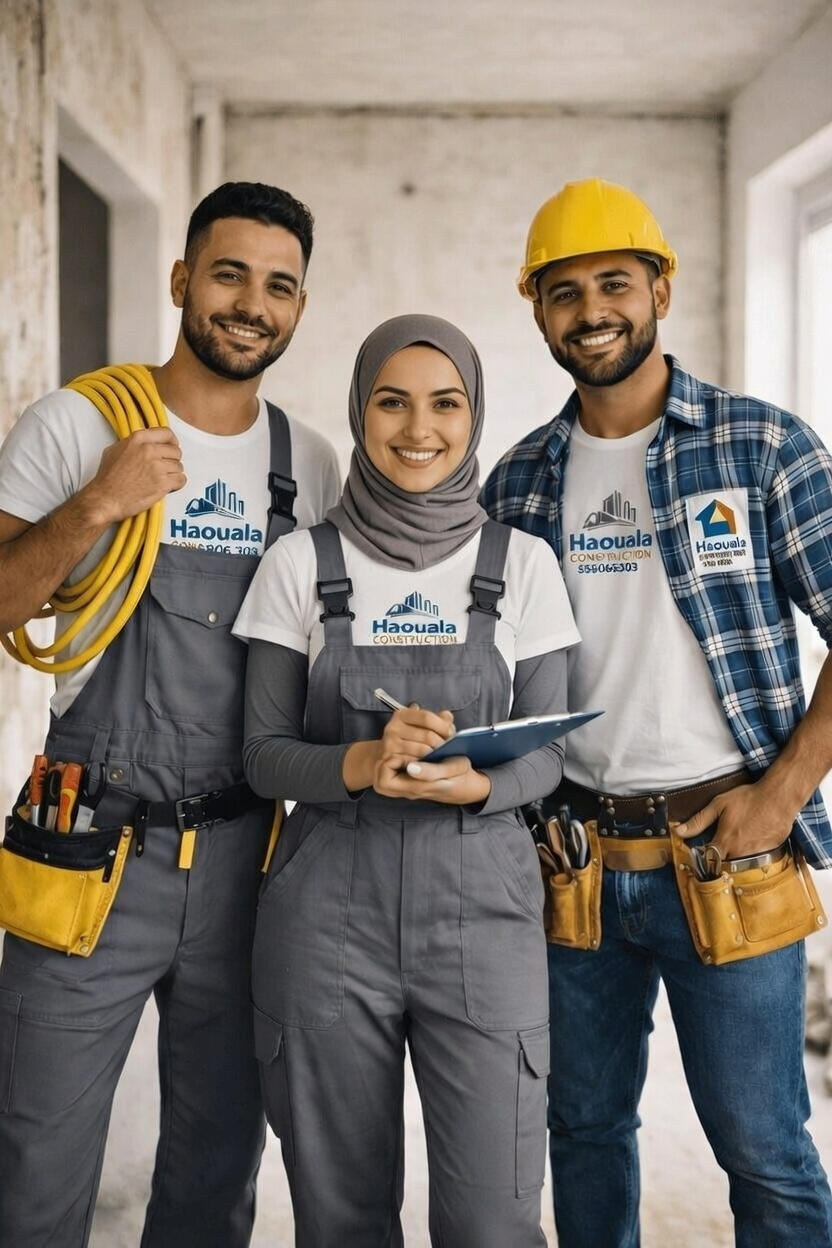 Équipe tunisienne qualifiée de Haouala Construction spécialisée en plomberie, électricité et travaux de construction pour particuliers et professionnels en Tunisie.